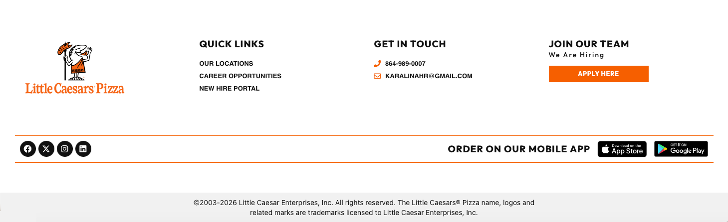 Little Caesars website homepage footer